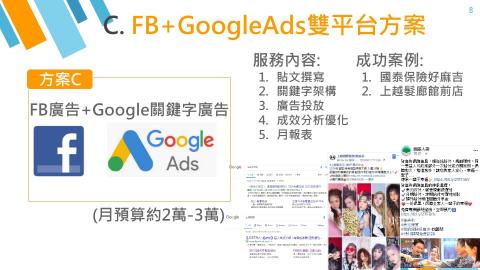 小溫暖行銷-Waiting - 方案C <FB+Google Ads關鍵字 雙平台方案>,藉由目前最大社群媒體&搜尋引擎,將您的服務或產品作全方位曝光,觸及到最有價值用戶進站購買/預約。 小溫暖行銷-Waiting - 方案C <FB+Google Ads關鍵字 雙平台方案>,藉由目前最大社群媒體&搜尋引擎,將您的服務或產品作全方位曝光,觸及到最有價值用戶進站購買/預約。