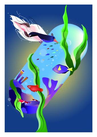 夢想實現代理 - 夢實代影像製作 - | AquariuM |
Illustrator作品

本作品看似以狹小的膠囊形玻璃飼養著觀賞魚蝦
但上半部卻如同自然生態般有一隻鳥類衝進水裡掠食
可是鳥類並無法進入水裡捕魚、水草的部分生長於外部且如同纏住膠囊形玻璃一般
如此不合自然常理的畫面
就如同觀賞魚生活在雖然美麗的水族箱裡
但卻與其自然生長環境截然不同且不合理
故以此作品呈現華麗但荒謬的視覺效果