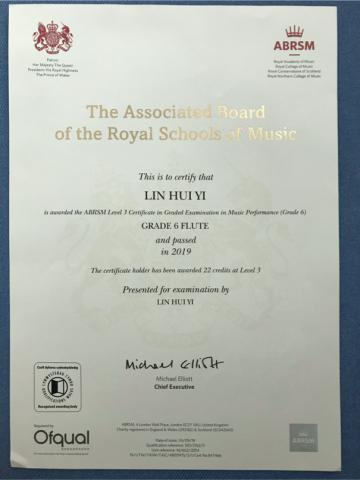 林慧宜 - 2019年通過英國皇家長笛6級檢定