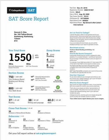 英文家教老師邱亮城 - SAT 成績