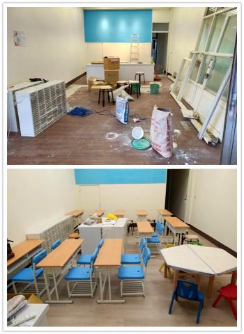 方圓裝潢行 - 位於清水的補習班，採用耐磨層30條的石塑膠黏地板。