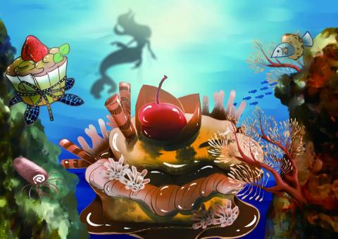 梁哺啾 - 海報插畫設計－潮洋
　在天馬行空的幻想裡，珊瑚礁是蛋糕做的，海龜是杯子蛋糕，魚的脖子上也套上了甜甜圈，烏賊則是變成了蛋糕捲，充滿食物的吃貨天堂。