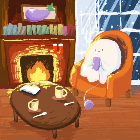 梁哺啾 - 明信片插畫－暖冬
　一個冬天下著雪的晚上，小幽靈正悠悠的織著他的圍巾，壁爐裡的火柴與桌上的可可都讓人心暖暖的。