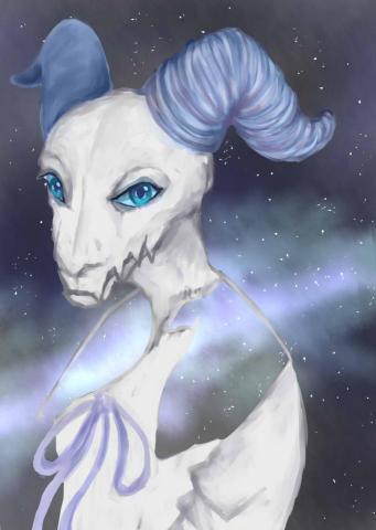 梁哺啾 - 仰望星空（厚塗風格）
　一個有著藍色羊角的少年，披風上繁星點點，是星空的顏色。