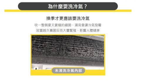 聰明冷氣保養 - 灰塵、病菌在看不到的地方。

*簡單檢測，看府上冷氣，是不是一顆不定時炸彈：

1.冷氣兩年以上未清洗
2.冷氣時常飄出異味
3.家中有燒香拜拜習慣
4.家中有養貓狗∼等寵物
5.開冷氣時總是流鼻水眼睛發癢
6出風量明顯變小冷房不涼