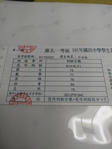 許田叡 - 國中基測分數
滿分皆80