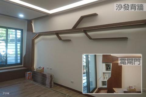 沃巢室內裝修設計有限公司 - 樹木造型背景牆，隱藏電閘門之外，也延伸出書架或是展品的擺放空間