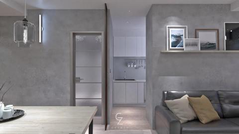 千作設計 - 通往廚房的走廊使用玻璃滑門，讓廚房通往陽台的自然採光得以進入整個開放空間。