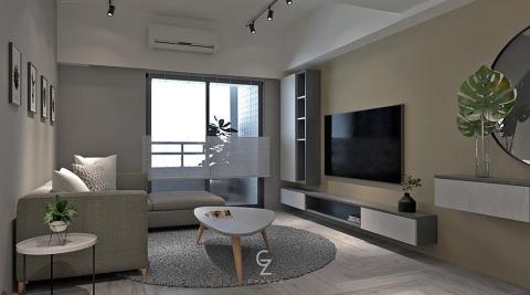 千作設計 - 客廳採開放式天花板，保留了原始天花結構的高挑，整體空間得以放大，並以風琴簾調節採光，整體風格簡約典雅。