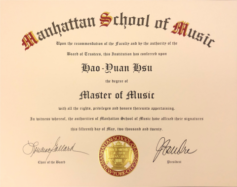 Hao-Yuan HSU 徐浩原中提琴教學 - 曼哈頓音樂院碩士文憑