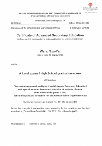 王思雅 Debby Wang - 奧地利高中畢業考成績單 Matura 

筆試、口試以及論文