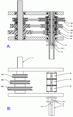 Arko - 鑽銑床變速設計方案，一般為單皮帶手動轉換塔輪位置變速，本設計案為塔輪配置多條皮帶，由軸心控制哪一位階塔輪傳動，來改變輸出軸轉速。
