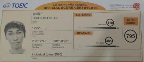 徐國軒 - TOEIC成績單