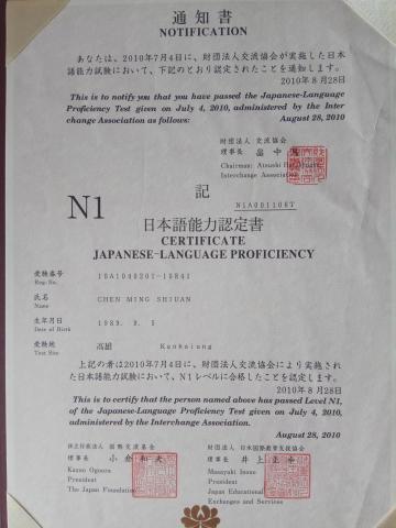 陳明玄 - 日語檢定的N1證照