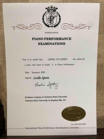 歐世淳 Jacelyn Ou - 學生參加2020國際鋼琴檢定合格證書