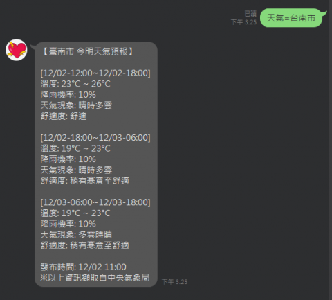 MiNo - (2)LINE機器人天氣查詢。