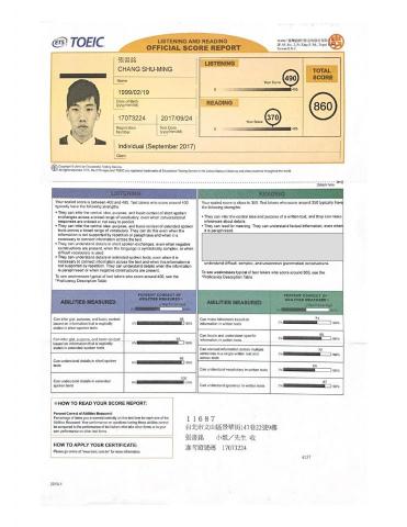 張書銘 - 多益證書