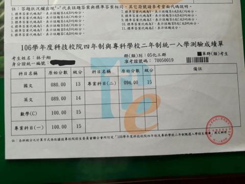 林子翔 - 106學年度統測成績單