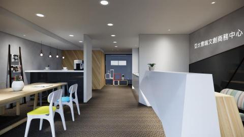 築合室內裝修設計有限公司 - 位於錦州街商辦大樓的商務中心，設計跳脫辦公室給人一貫冰冷的感覺，以工業風格呈現，搭配文創家具展現，位於入口處的接待櫃檯設計巧妙地運用比例適當的切割方式並呼應後方主牆面的設計，搭配黑色玻璃特性反射出俐落線條。走道空間兩側壁面裝飾呈現復古氛圍，搭配工業吊燈與壁面櫃、圖片及實木拼貼板件，穀倉門扇、木皮、條紋地毯、噴漆、實木、灰泥等方式呈現出獨特的文創商辦空間