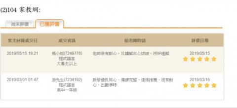 台積電南科廠工程師，副業為為教程式的家教程式老師 - 這是我在104家教網的評價