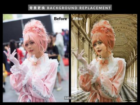 Luna - 修圖：合成更換背景、腮幫子塑型、縮小過於蓬鬆的右手袖子、收腰身和領口、整理眉毛睫毛、眼神和牙齒提亮