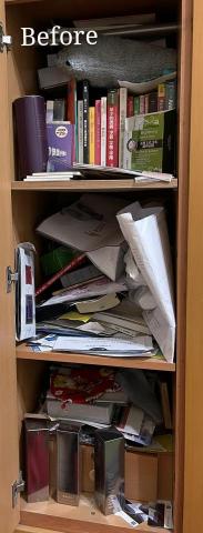 心.整理▪︎Fiona▪︎ - 只進不出的層櫃，塞滿了各類該捨棄的紙張、紙盒、套書。