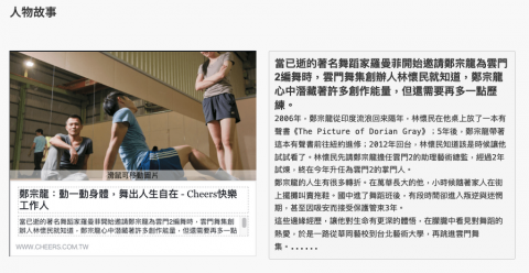 薛怡青 - 曾任天下集團Cheers雜誌社資深記者，撰寫人物報導。此為採訪雲門舞集總監鄭宗龍的人物故事報導文章。文章請見：https://www.cheers.com.tw/article/article.action?id=5060175&keyword=%E8%96%9B%E6%80%A1%E9%9D%92