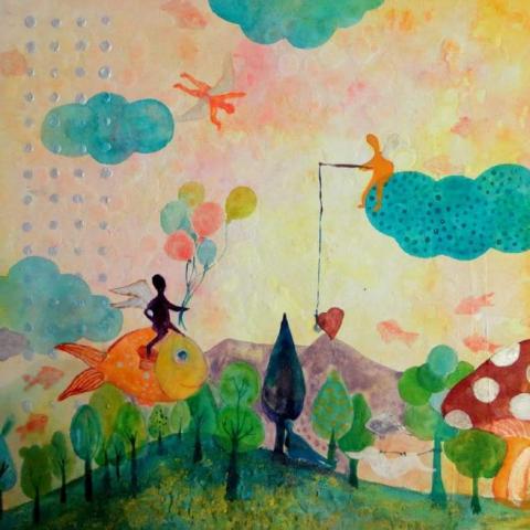 童話藝術 - <讓翅膀曬曬太陽>
膠彩、水彩
