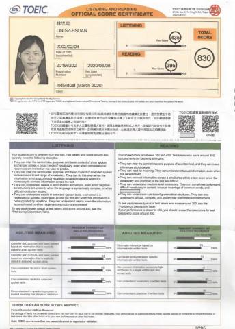 林思瑄 - 多益成績830