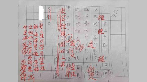 Sabina 王老師 - 該次主題為-哆啦A夢，此位學生試上完作文，過幾天自發性修正作文回傳，老師我給予評語及鼓勵。