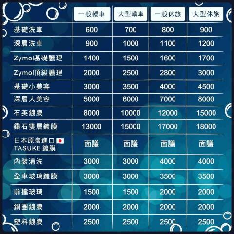 車傌仕專業汽車美容 - 價目表