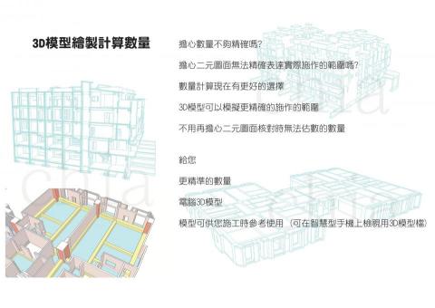 CHIA - 模型算數量
模板、泥作、油漆、裝修才質
可協助核對數量
