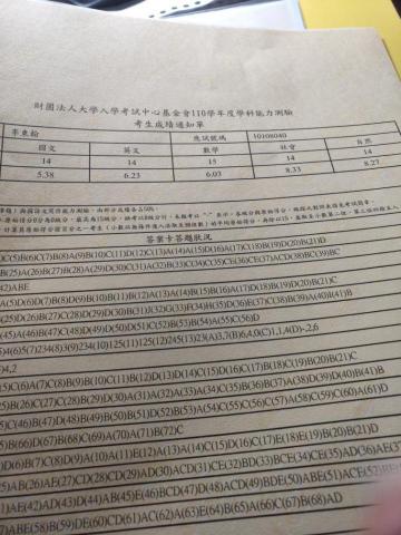 李東翰 - 110年學測成績單，數學15級