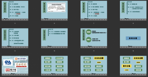 史馥瑄 - 此為當時長榮罷工分析新聞之簡報，簡介長榮航空罷工時間軸、新聞媒體操作手法等，是較為嚴肅的簡報內容，透過分頁效果製造重點明顯的感覺。