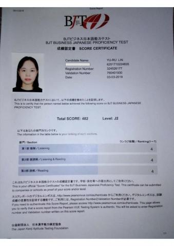 林育如 - BJT J2合格證書