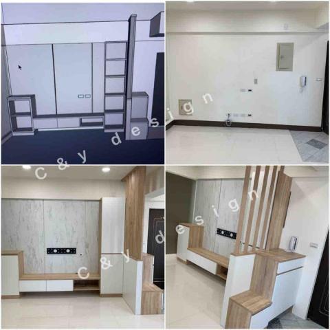 櫥櫃大小室 - #201 風化木紋
櫃身#4110 波爾多橡木
門片#201 風化木紋白
牆板#369 銀狐
黃公館 丈量後的圖說與完工照