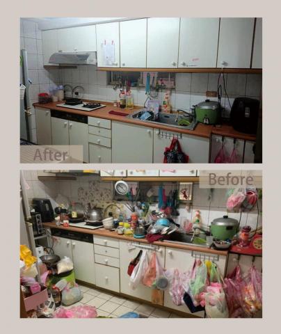 Hippo Workshop - 在租屋處住了八年, 累積了可觀的狀況, 除了台面上的, 地面上的, 還包含了上下櫃裡面的物品, 足足花了八小時整理成初步的樣子。 