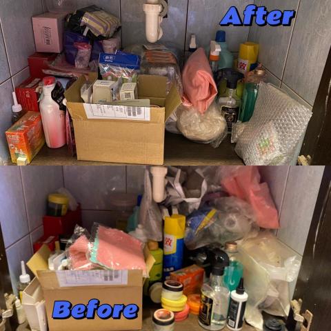 妍選整理收納/居家清潔 - 洗手槽下方堆積雜物清潔前後比對