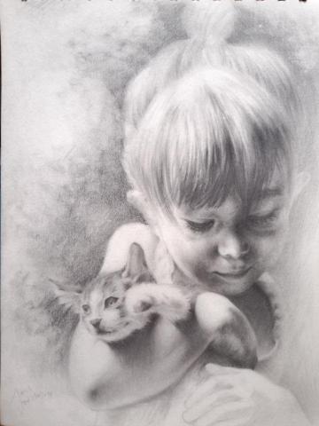 胡益彰 Jess Hu - 鉛筆素描 2021作品-女孩與貓