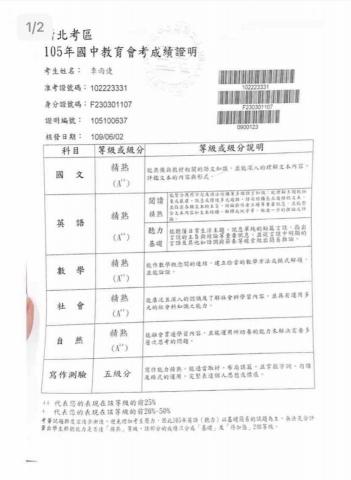 李雨倢 - 國中會考成績