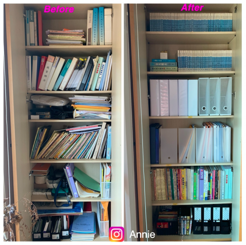 楊安妮 - 這個案子的主人是一位兩個孩子的職業婦女，平時工作十分忙碌，下班後又要照顧孩子，因此無力整理，但她為了讓家看起來不亂，因此將物品都往櫃子裏放，她採用眼不見為淨的方法，殊不知，這些物品就像看不見的待辦事項，隨時都在提醒著她，特別這些物品主要是文件，整理起來又需要花費許多時間，所以遲遲沒有整理。
接手後，透過整理取分丟放的步驟，並配上透明中性收納盒及標籤，讓文件各案其類，各有其所，方便拿取歸檔。