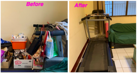 楊安妮 - 這個案子主人是一位退休人士，本來想在退休後多加運動，郤因不知如何整理，整個跑步機變成堆放物品的地方，接手後，進行物品分類及篩選，將篩選後物品放到合適空間，還給跑步機原來的功能，現在主人已經可以利用跑步機運動了！