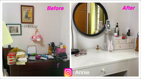 楊安妮 - 這個案子的主人是一位事業有成的主管，平時和父母同住，由於工作忙碌，並且不知如何整理，以致雜誌衣服及生活用品散居一地，影響了生活的空間，另外因她未選擇合適傢俱，以致傢俱未能發揮應有的功能。以此案為例，原來的書桌由五斗櫃改造，因此坐在書桌時雙腳沒有地方擺放，文件資料也沒有合適的地方可以收納，接手後，建議客戶更換傢俱，再經過進一步的整理，即展現一個全新的書桌面貌。