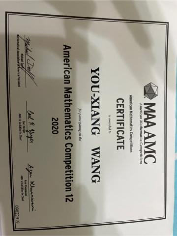 王宥翔 - AMC數學證書