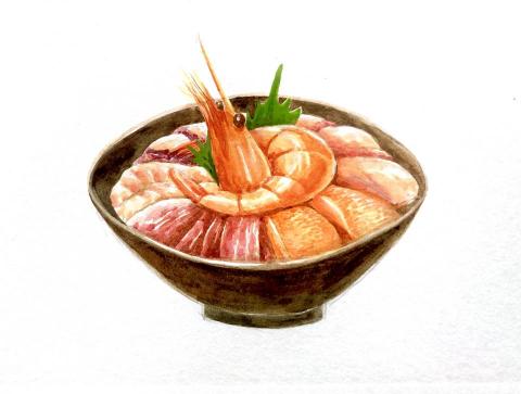 line社群搜尋：零基礎畫室 - 上課示範水彩插畫海鮮丼飯，控制水份與保持畫面清新。