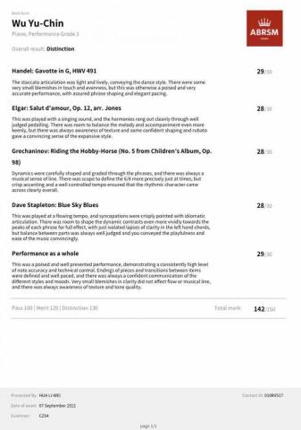 🎹威威老師音樂工作室 - 學生參加英國皇家音樂檢定獲得Distinction優異的成績高分通過考試