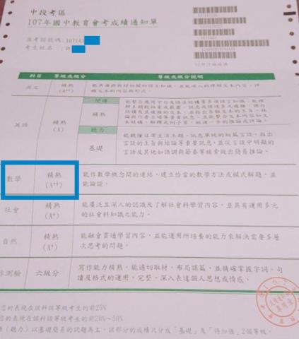 黃老師數學家教 - 【107會考數學科學生成績單】2