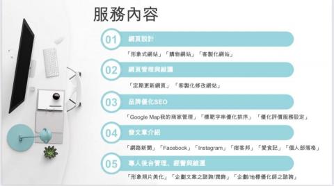 黃俊諺 - 服務內容如圖：
網頁設計 管理與維護 品牌悠話SEO  曝光引流