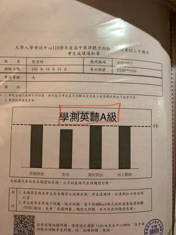 張芳綺 - 學測英聽A級