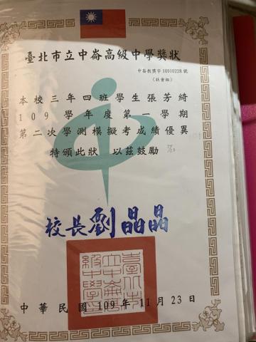 張芳綺 - 學校成績獎狀